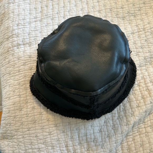 Anthropologie Black Faux-Leather Bucket Hat with Sherpa Trim